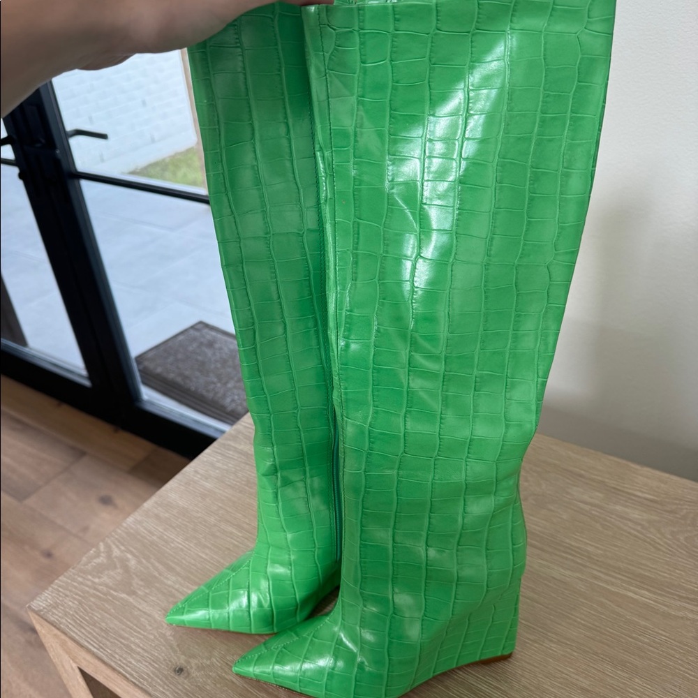 Schutz Lime Green Croc Wedge Boot